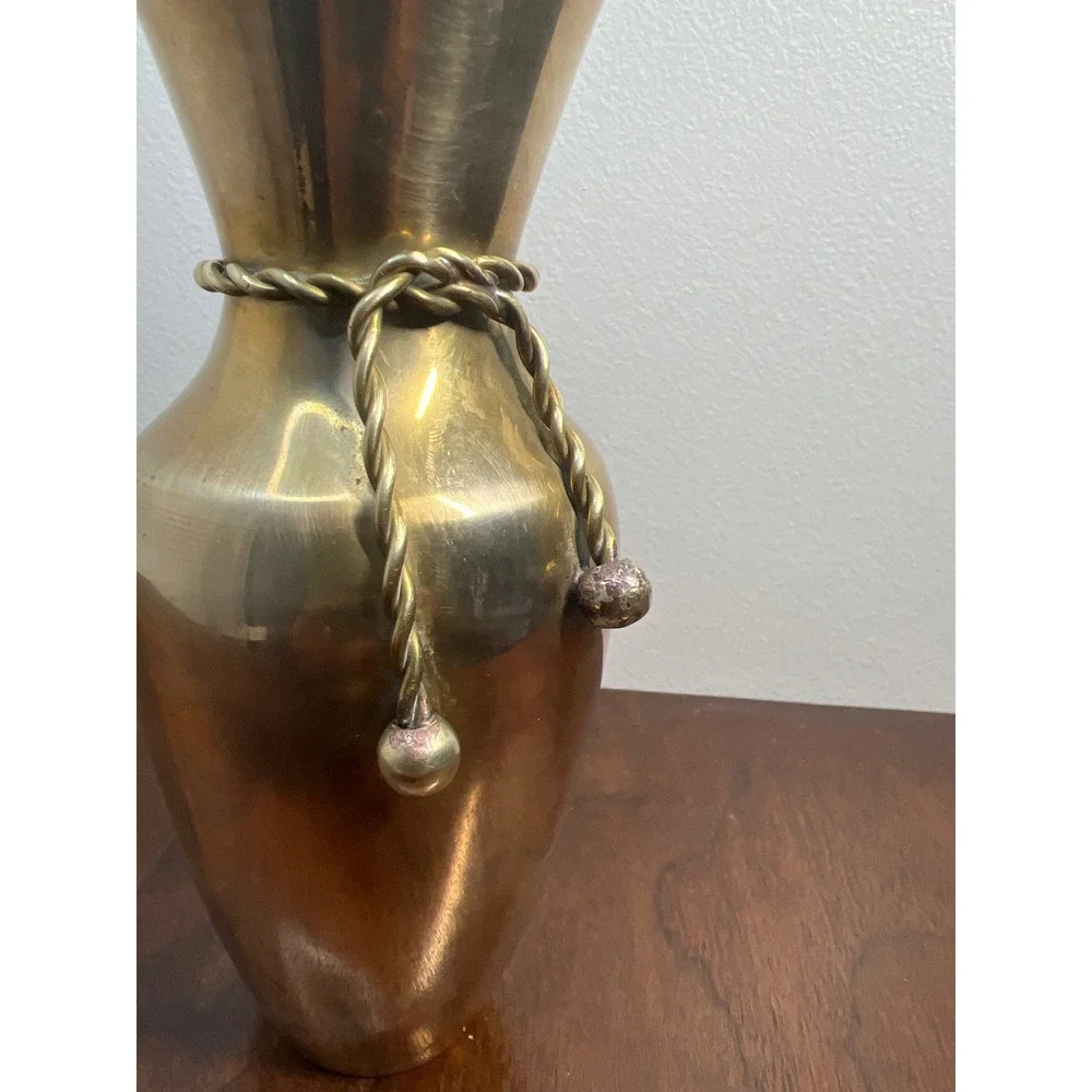 Vintage Brass Vase Rope Tie Tassel Detail Gold Metal MCM Boho Shelf Decor 7in